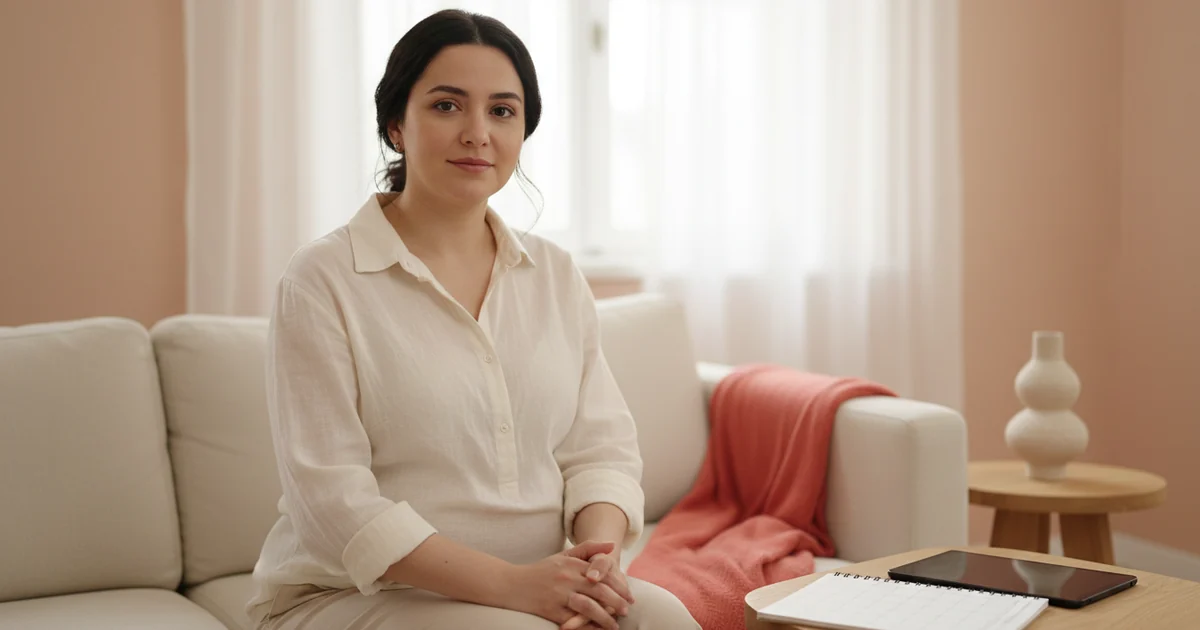 Krem rəngli geyimdə qadın şaftalı tonlu otaqda pəncərə yanında rahat oturur.