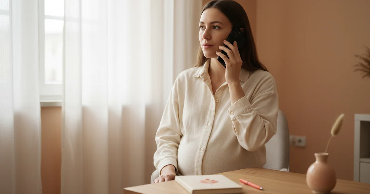Qadın evdə telefonla ilk həkim qəbulu barədə danışır.